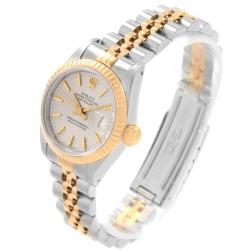 Pre Owned Rolex Silver Tapestry 18K Yellow Gold and Stainless Steel Datejust 69173 Women's Wristwatch 26MM