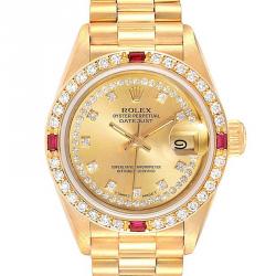 مملوكة مسبقًا Rolex Champagne Diamonds And Ruby 18K Yellow Gold President Datejust 69068 Women's Wristwatch 26 MM