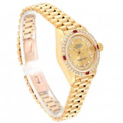 مملوكة مسبقًا Rolex Champagne Diamonds And Ruby 18K Yellow Gold President Datejust 69068 Women's Wristwatch 26 MM