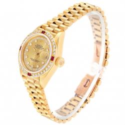 مملوكة مسبقًا Rolex Champagne Diamonds And Ruby 18K Yellow Gold President Datejust 69068 Women's Wristwatch 26 MM