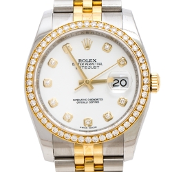 Pre Owned Rolex White 18K Yellow Gold Stainless Steel Diamond Datejust 116243 Men's Wristwatch 36 mm