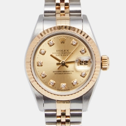 Pre Owned Rolex Champagne Diamonds 18K Yellow Gold Stainless Steel Datejust 69173 Women's Wristwatch 26 MM
