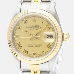 Pre Owned Rolex Champagne 18k Yellow Gold And Stainless Steel Datejust 69173 Automatic Women's Wristwatch 26 mm