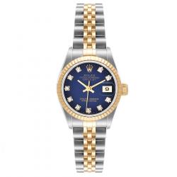 Pre Owned Rolex Blue Diamond 18k Yellow Gold And Stainless Steel Datejust 69173 Automatic Women's Wristwatch 26 mm
