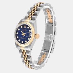 Pre Owned Rolex Blue Diamond 18k Yellow Gold And Stainless Steel Datejust 69173 Automatic Women's Wristwatch 26 mm