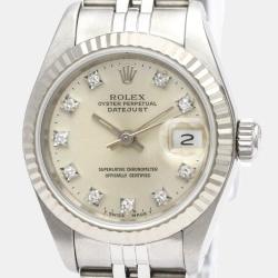 Pre Owned Rolex Silver Diamond 18k White Gold And Stainless Steel Datejust 69174 Automatic Women's Wristwatch 26 mm
