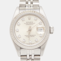 Pre Owned Rolex Silver 18K White Gold Stainless Steel Diamond Datejust 69174 Women's Wristwatch 26 mm