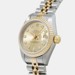 مملوكة مسبقًا Rolex Champagne Diamond 18k Yellow Gold Stainless Steel Datejust Automatic Women's Wristwatch 26 mm