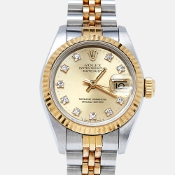 Pre Owned Rolex Champagne Diamond 18K Yellow Gold Stainless Steel Datejust 69173 Women's Wristwatch 26 mm