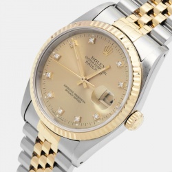 Pre Owned Rolex Champagne Diamond 18K Yellow Gold Stainless Steel Datejust 16233 Unisex Wristwatch 36 mm