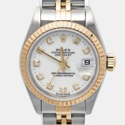 Pre Owned Rolex White Diamond 18k Yellow Gold Stainless Steel Datejust 69173 Women's Wristwatch 26 mm