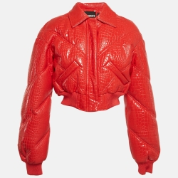 Pre Owned ROTATE Red Croc Embossed Oversized Faux Leather Bomber Jacket S