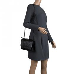 Pre Owned Saint Laurent Black Croc Embossed Leather Medium Sunset Shoulder Bag