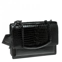 Pre Owned Saint Laurent Black Croc Embossed Leather Medium Sunset Shoulder Bag