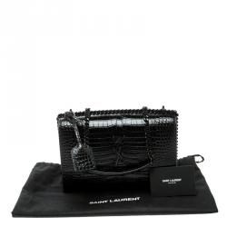 Pre Owned Saint Laurent Black Croc Embossed Leather Medium Sunset Shoulder Bag