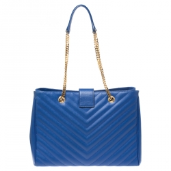 Pre Owned Saint Laurent Electric Blue Matelasse Leather Cassandre Shopper Tote