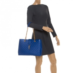 Pre Owned Saint Laurent Electric Blue Matelasse Leather Cassandre Shopper Tote