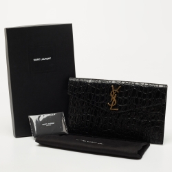 Pre Owned Saint Laurent Black Croc Embossed Leather Uptown Clutch