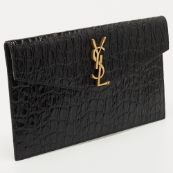 Pre Owned Saint Laurent Black Croc Embossed Leather Uptown Clutch