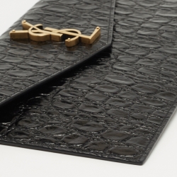 Pre Owned Saint Laurent Black Croc Embossed Leather Uptown Clutch