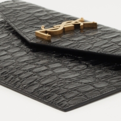 Pre Owned Saint Laurent Black Croc Embossed Leather Uptown Clutch