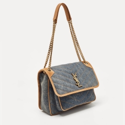 Saint Laurent Blue/Beige Matelasse Denim and Suede Medium Niki Shoulder Bag