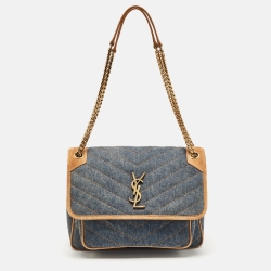 Saint Laurent Blue/Beige Matelasse Denim and Suede Medium Niki Shoulder Bag