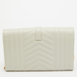 Pre Owned Saint Laurent Off White Mixed Quilted Leather Monogram Envelope Wallet On Chain