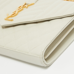 Pre Owned Saint Laurent Off White Mixed Quilted Leather Monogram Envelope Wallet On Chain