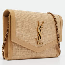 Pre Owned Saint Laurent Beige Raffia and Leather Uptown Wallet on Chain
