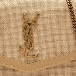 Pre Owned Saint Laurent Beige Raffia and Leather Uptown Wallet on Chain