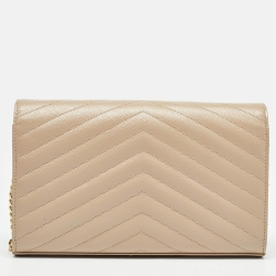 مملوكة مسبقًا Saint Laurent Beige Matelassé Leather Monogram Envelope Wallet on Chain