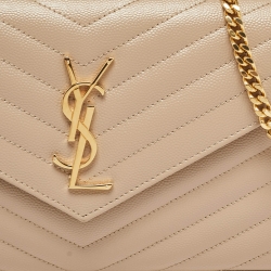 مملوكة مسبقًا Saint Laurent Beige Matelassé Leather Monogram Envelope Wallet on Chain