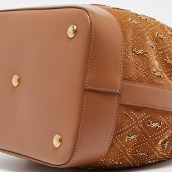 Pre Owned Saint Laurent Brown Suede Monogram Studded Drawstring Bucket Bag