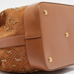 Pre Owned Saint Laurent Brown Suede Monogram Studded Drawstring Bucket Bag