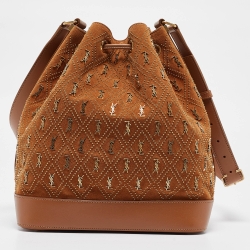 Pre Owned Saint Laurent Brown Suede Monogram Studded Drawstring Bucket Bag
