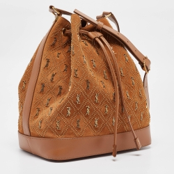 Pre Owned Saint Laurent Brown Suede Monogram Studded Drawstring Bucket Bag