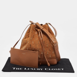 Pre Owned Saint Laurent Brown Suede Monogram Studded Drawstring Bucket Bag