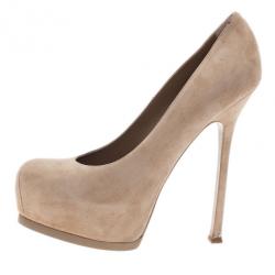 مملوكة مسبقًا حذاء سان لوران باريس تريبتو مقدمة مرتفعة جلد سويدي بيج مقاس 40.5