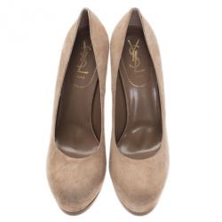 مملوكة مسبقًا حذاء سان لوران باريس تريبتو مقدمة مرتفعة جلد سويدي بيج مقاس 40.5