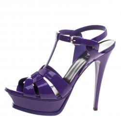 Pre Owned صندل سان لوران باريس نعل سميك تريبيوت جلد لامع بنفسجي مقاس 39