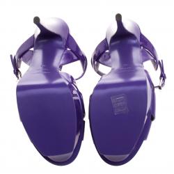 Pre Owned صندل سان لوران باريس نعل سميك تريبيوت جلد لامع بنفسجي مقاس 39