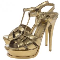 مملوكة مسبقًا Saint Laurent Paris Gold Leather Tribute Platform Sandals Size 37