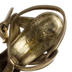 مملوكة مسبقًا Saint Laurent Paris Gold Leather Tribute Platform Sandals Size 37