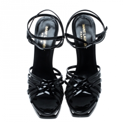مملوكة مسبقًا Saint Laurent Paris Black Patent Leather Criss Cross Platform Sandals Size 37