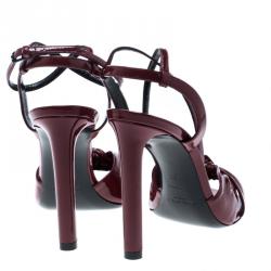 Pre Owned Saint Laurent Paris Red Patent Leather Amy Knot Detail Ankle Strap Sandals Size 37