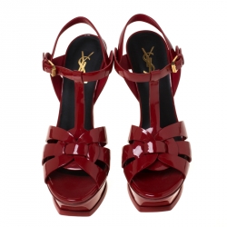 Pre Owned Saint Laurent Paris Red Patent Leather Tribute Platform Sandals Size 39