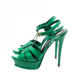 Pre Owned Saint Laurent Paris Green Patent Leather Tribute Platform Sandals Size 39