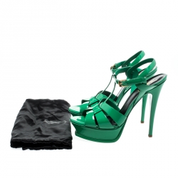 Pre Owned Saint Laurent Paris Green Patent Leather Tribute Platform Sandals Size 39