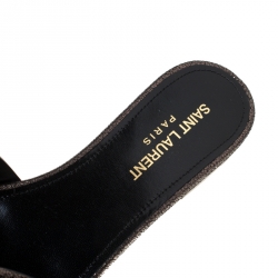 Pre Owned Saint Laurent Paris Metallic Grey Textured Leather Tribute Flat Slides Size 37.5